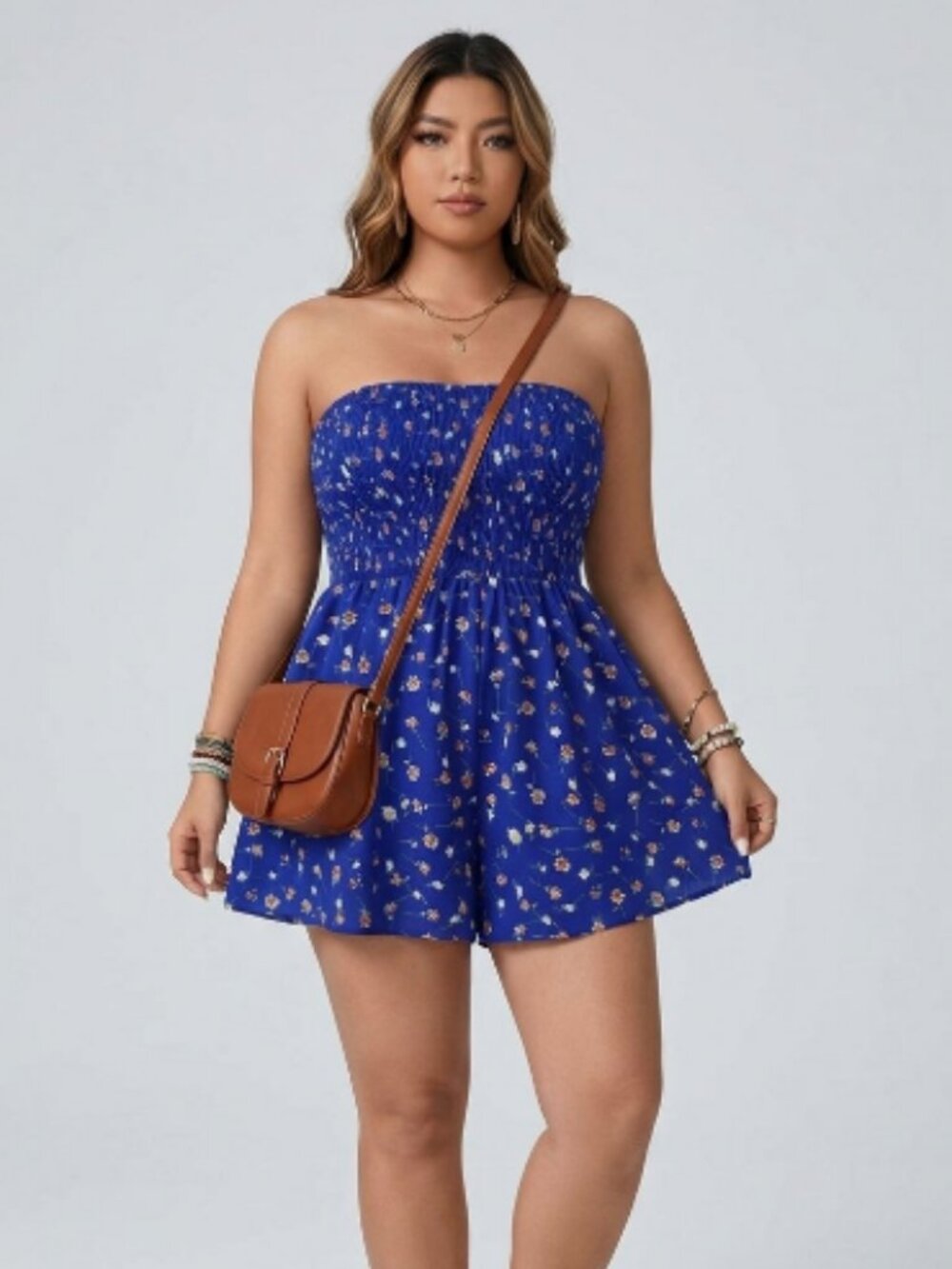 SHEIN VCAY Ditsy Floral Shirred Tube Top Romper Royal Blue Plus Size 0XL